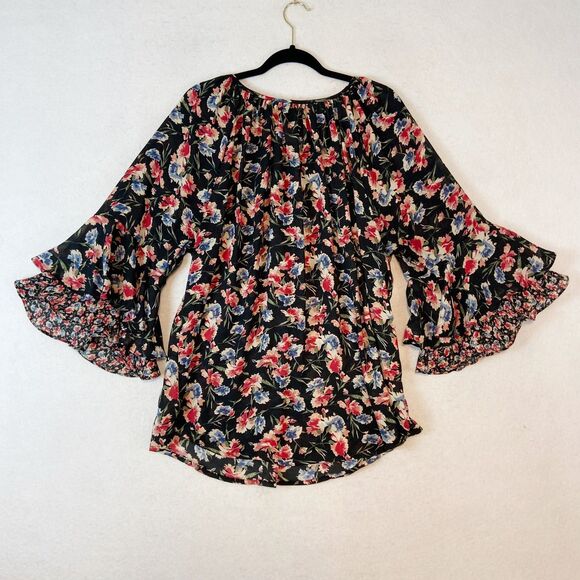 Chaps Top Womens 1X Floral Tiered Bell Sleeves Dark Cottagecore Peasant Country - Picture 4 of 7